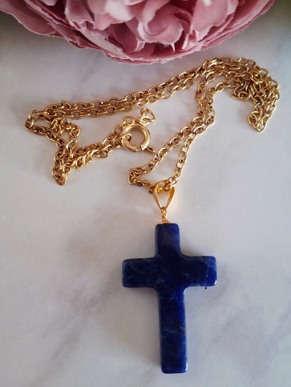 Vintage 80s ✨️✝️Blue Jade Cross Pendant Necklace